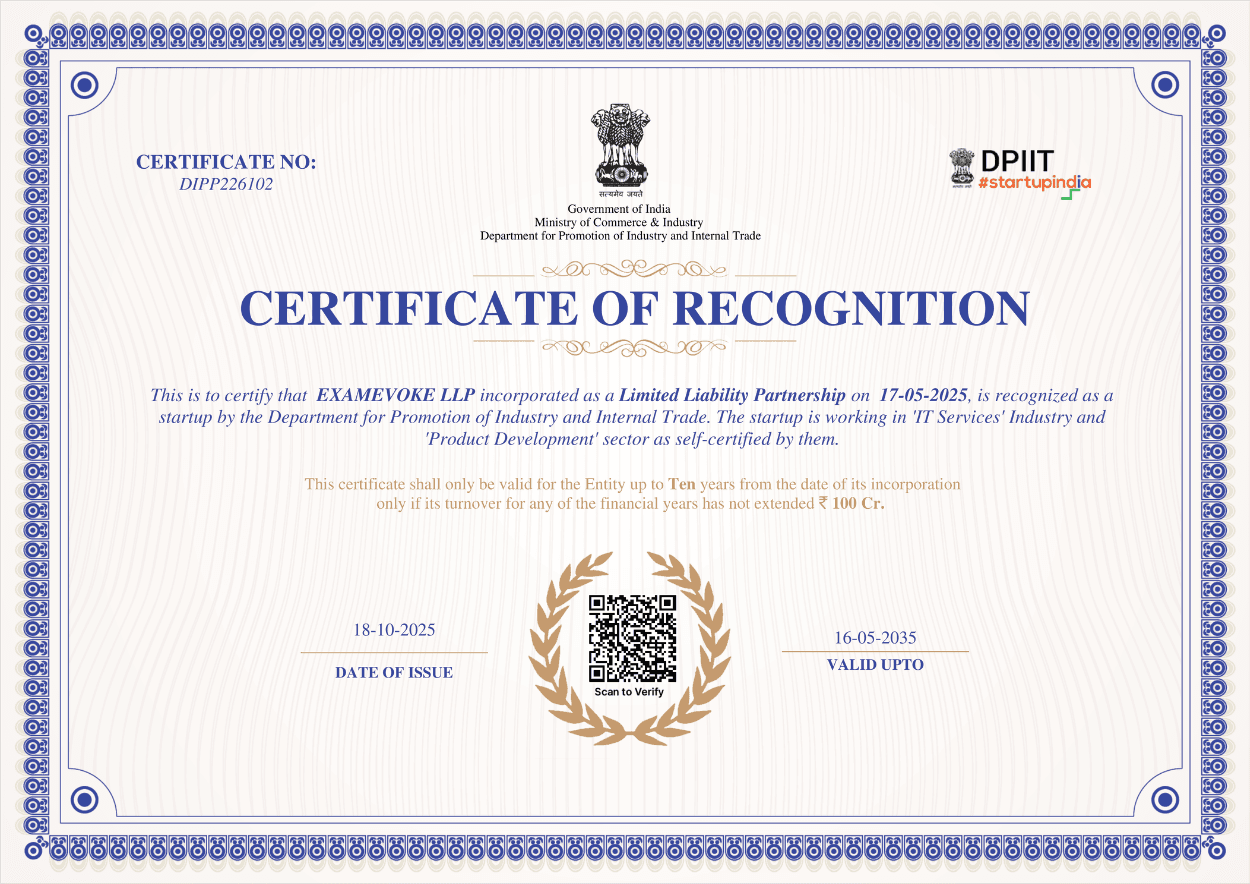 DPIIT Certificate of Recognition for ExamEvoke LLP